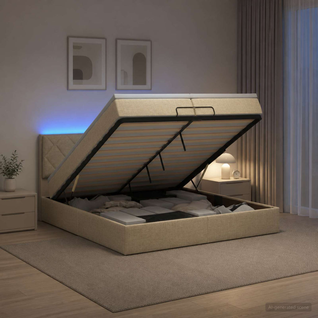 vidaXL Łóżko z pojemnikiem i materacem LED kremowy 200 x 200 cm