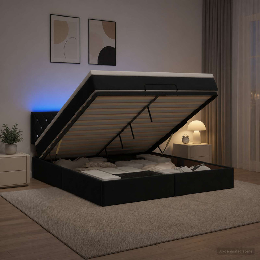 vidaXL Łóżko z pojemnikiem i materacem LED Czarny 140 x 200 cm Welur