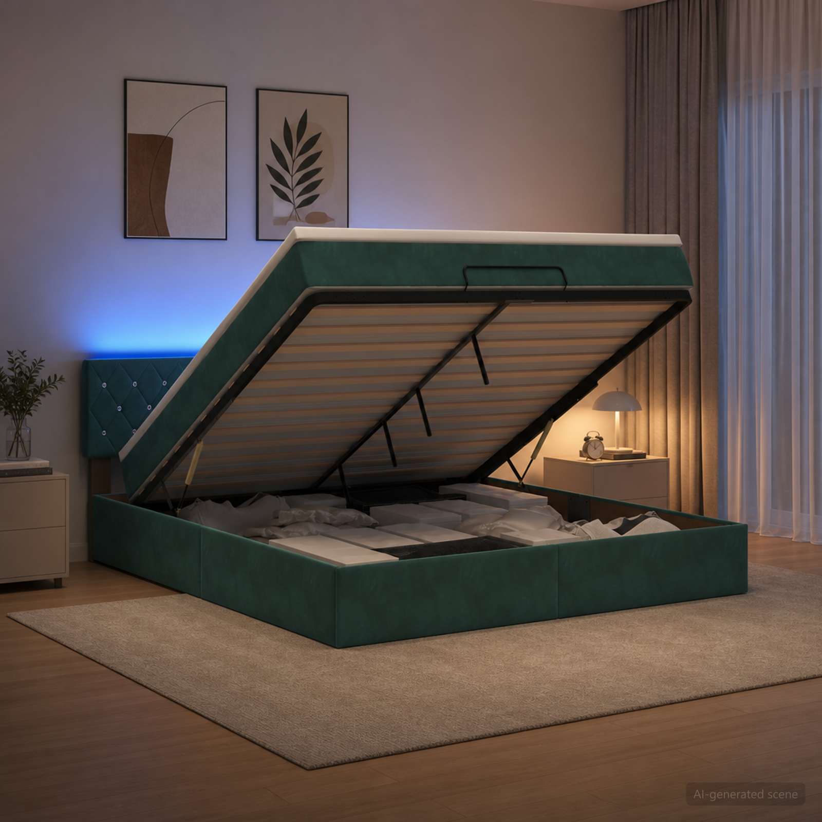 vidaXL Łóżko z pojemnikiem i materacem LED Ciemnozielony 180 x 200 cm