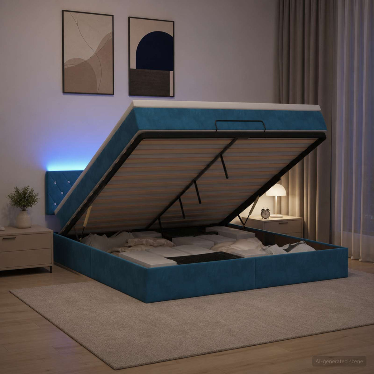 vidaXL Łóżko z pojemnikiem i materacem LED granatowy 160 x 200 cm