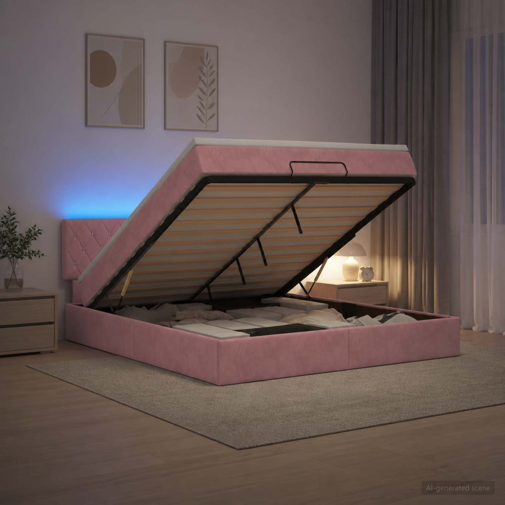 vidaXL Łóżko z pojemnikiem i materacem LED różowy 140 x 190 cm Welur