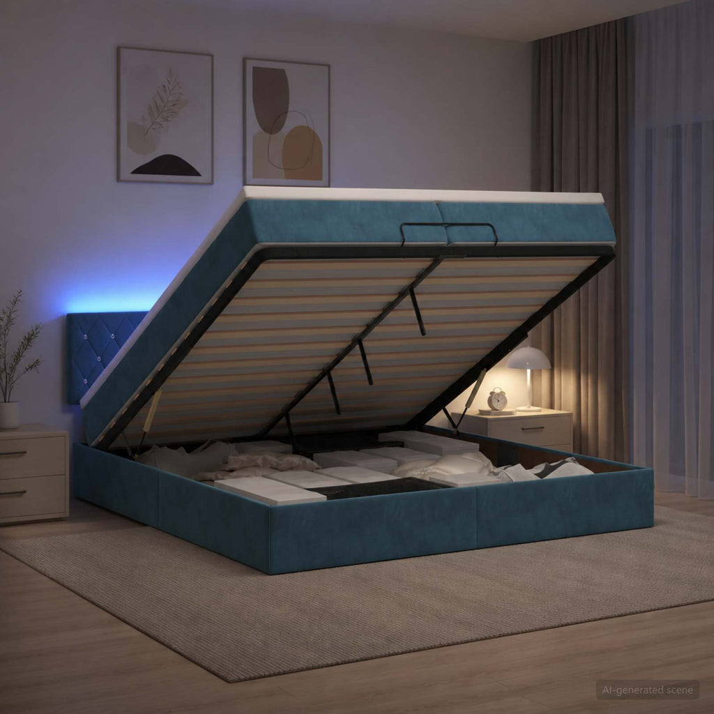 vidaXL Łóżko z pojemnikiem i materacem LED granatowy 200 x 200 cm