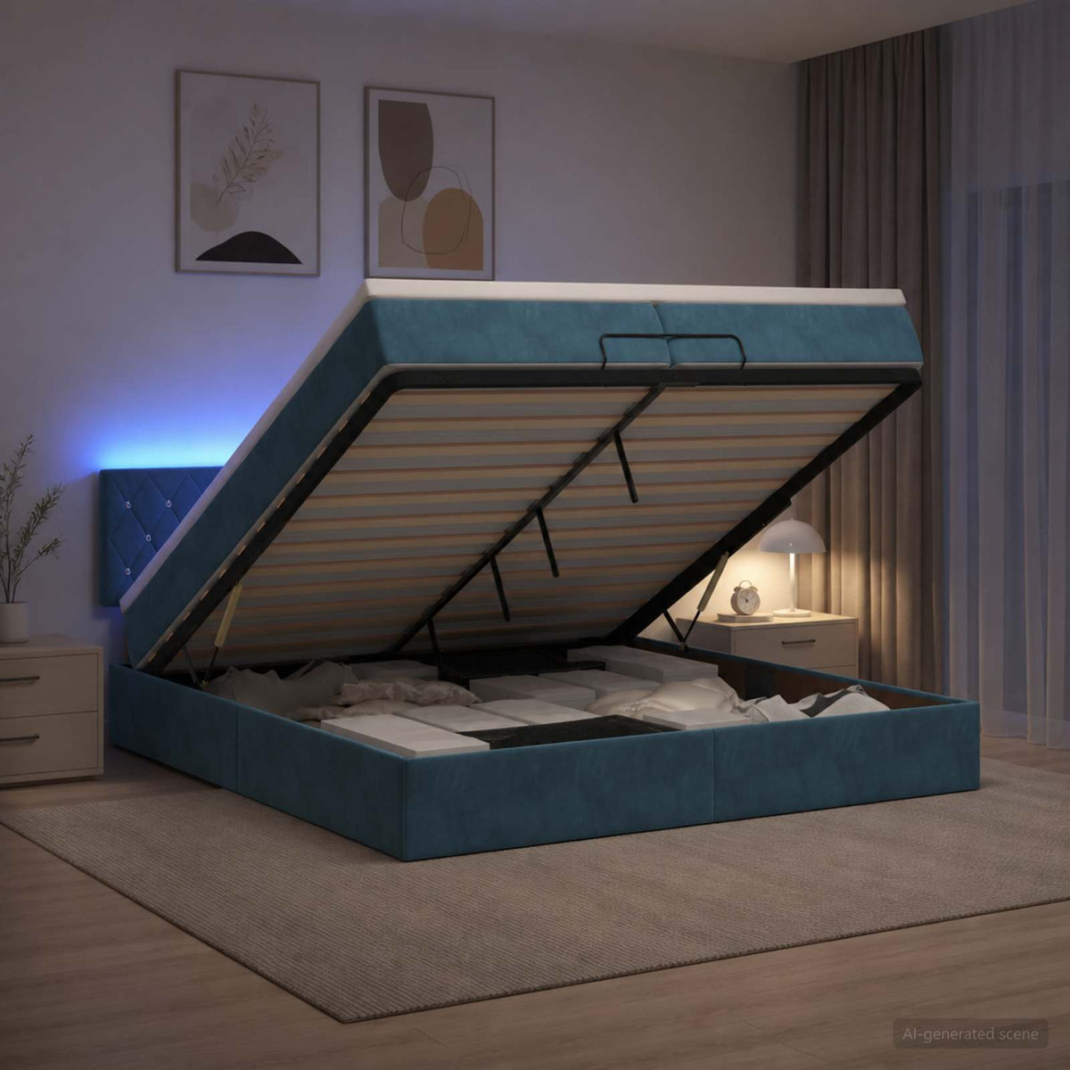 vidaXL Łóżko z pojemnikiem i materacem LED granatowy 200 x 200 cm