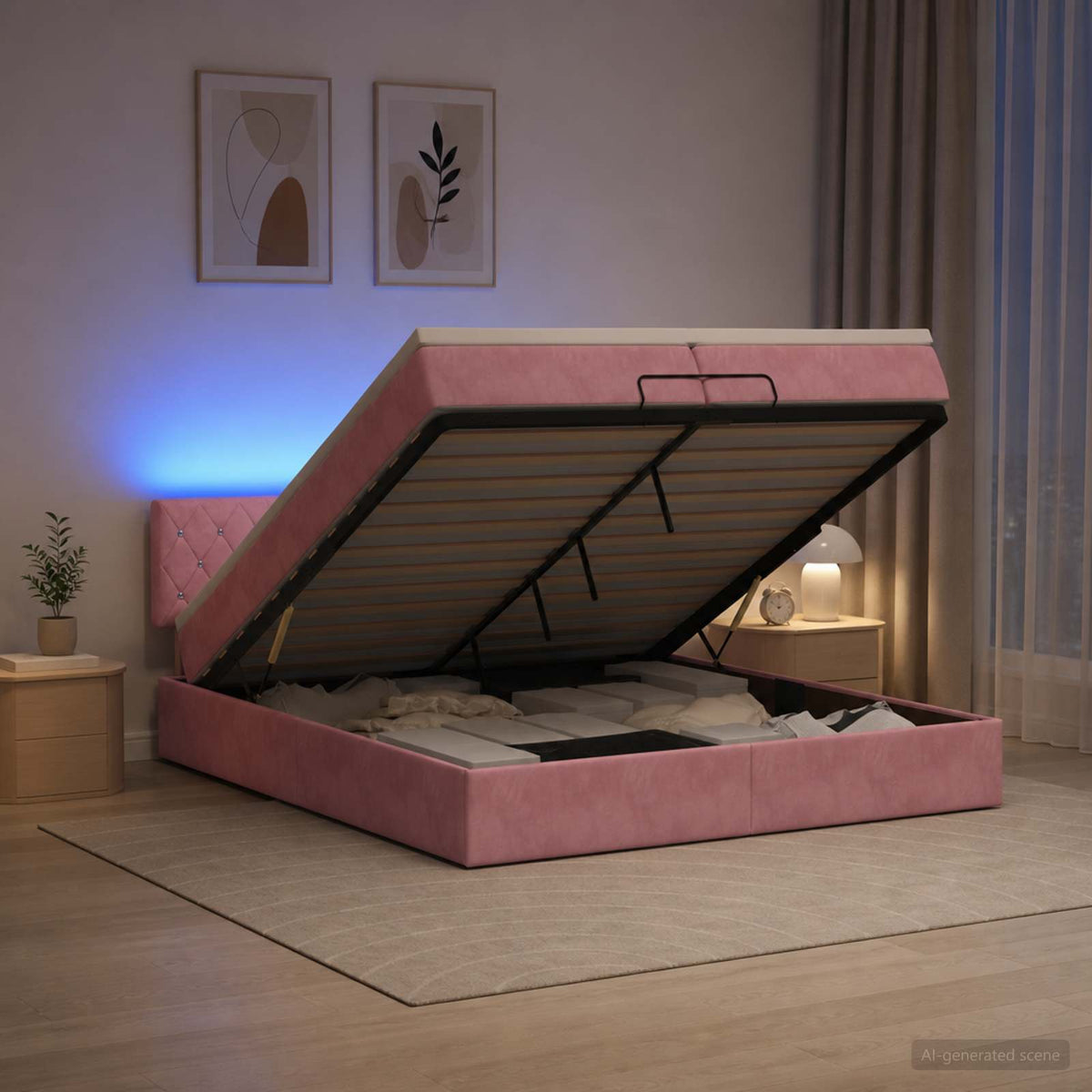 vidaXL Łóżko z pojemnikiem i materacem LED różowy 200 x 200 cm Welur