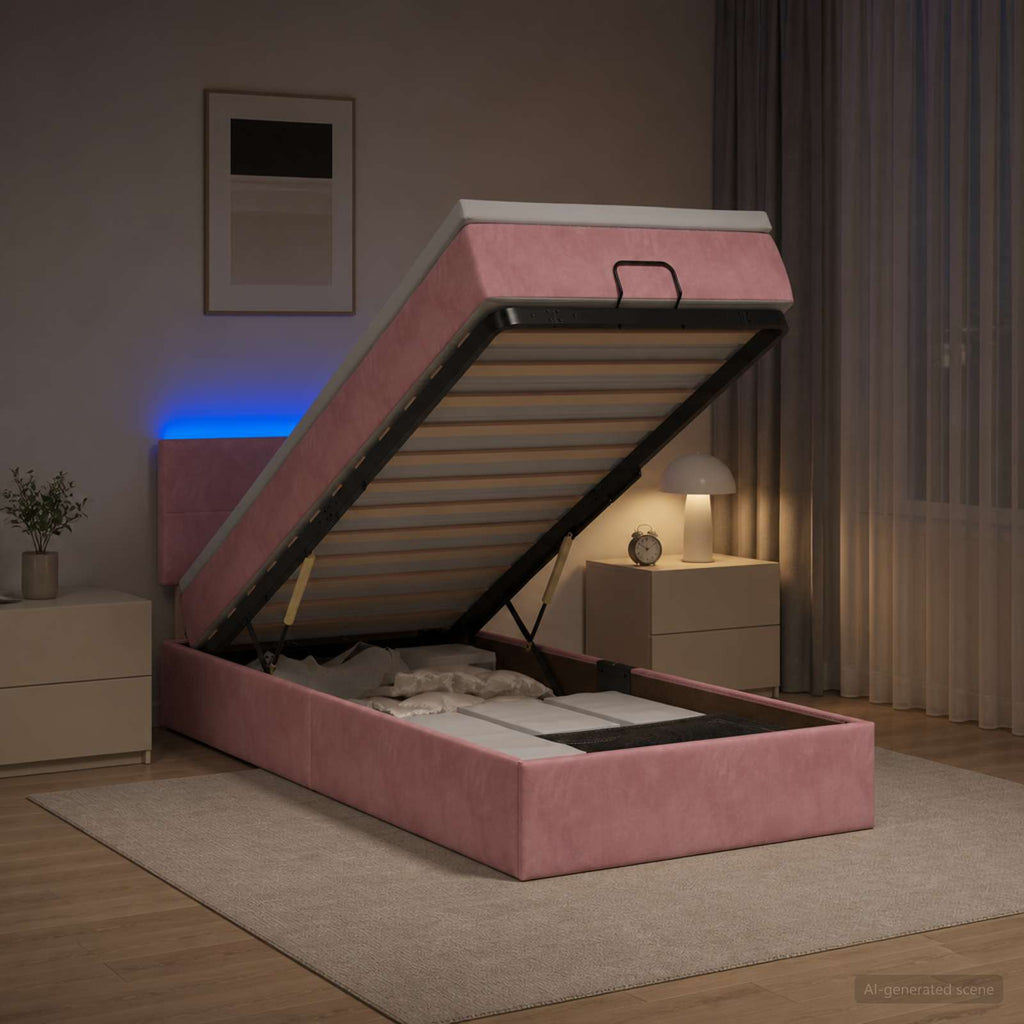 vidaXL Łóżko z pojemnikiem i materacem LED różowy 100 x 200 cm Welur