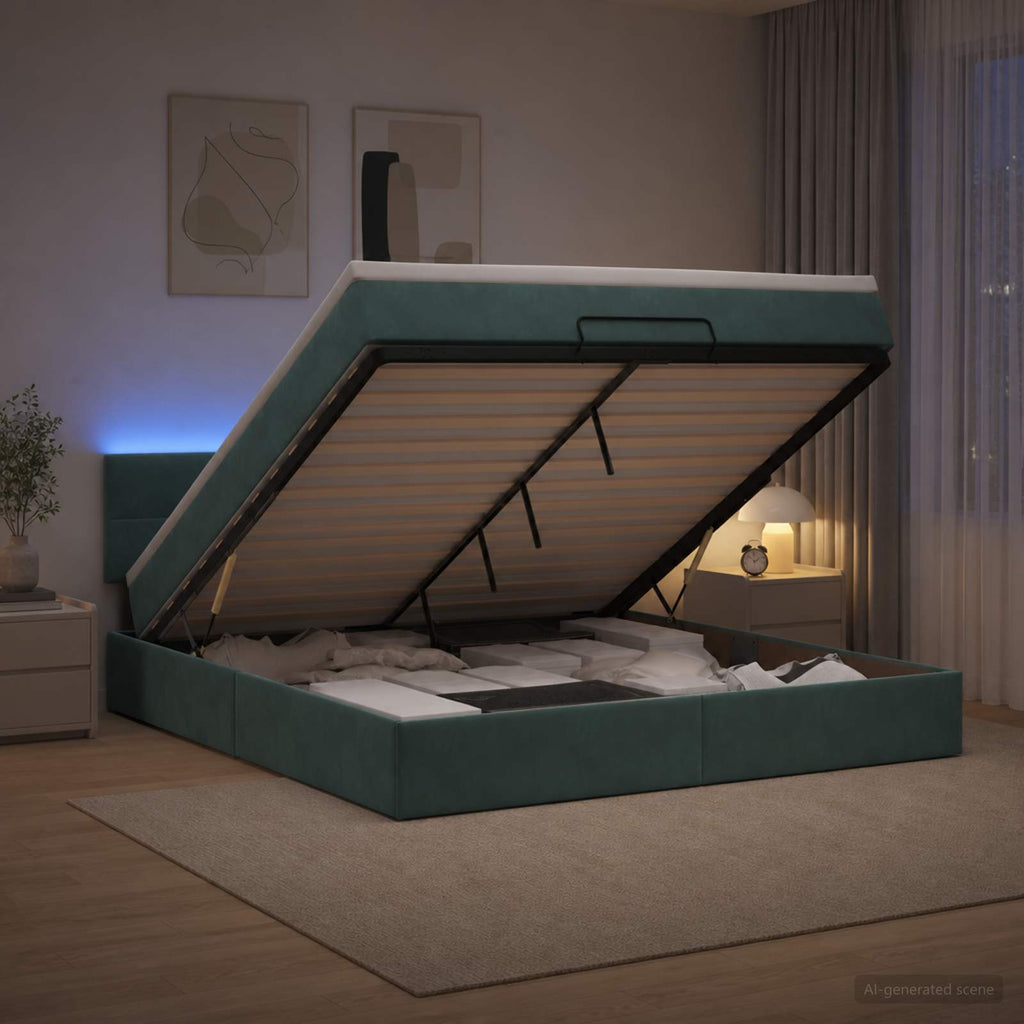 vidaXL Łóżko z pojemnikiem i materacem LED Ciemnozielony 160 x 200 cm