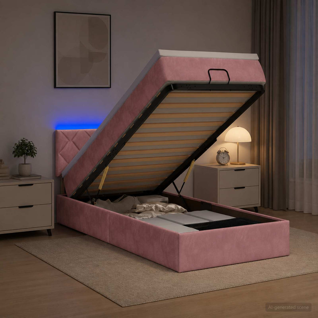vidaXL Łóżko z pojemnikiem i materacem LED różowy 100 x 200 cm Welur