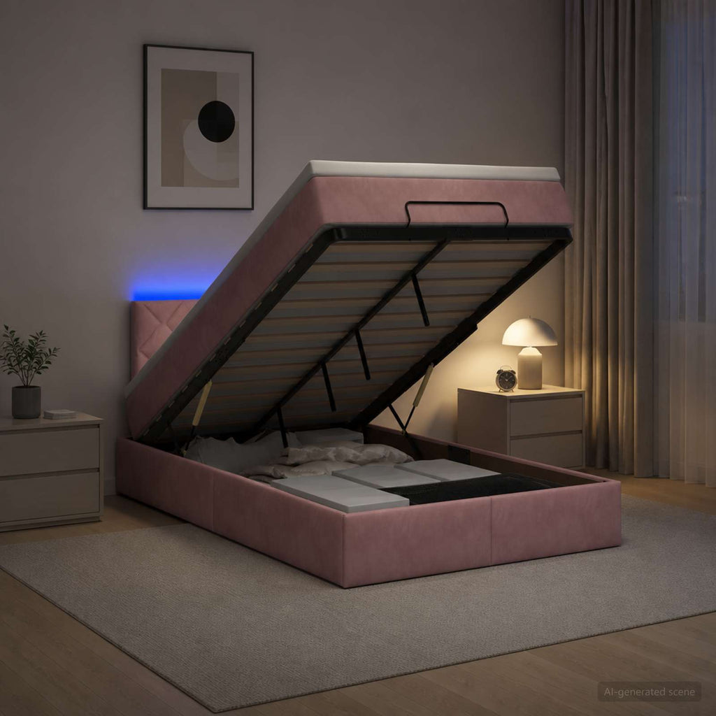 vidaXL Łóżko z pojemnikiem i materacem LED różowy 120 x 200 cm Welur