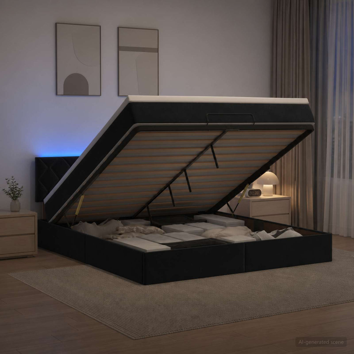 vidaXL Łóżko z pojemnikiem i materacem LED Czarny 160 x 200 cm Welur