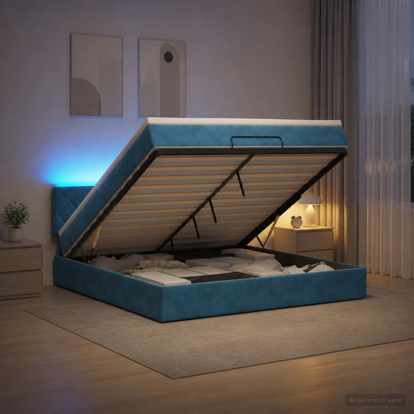 vidaXL Łóżko z pojemnikiem i materacem LED granatowy 180 x 200 cm