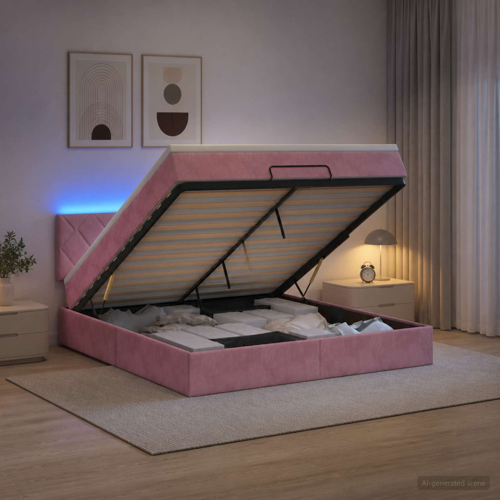 vidaXL Łóżko z pojemnikiem i materacem LED różowy 140 x 190 cm Welur