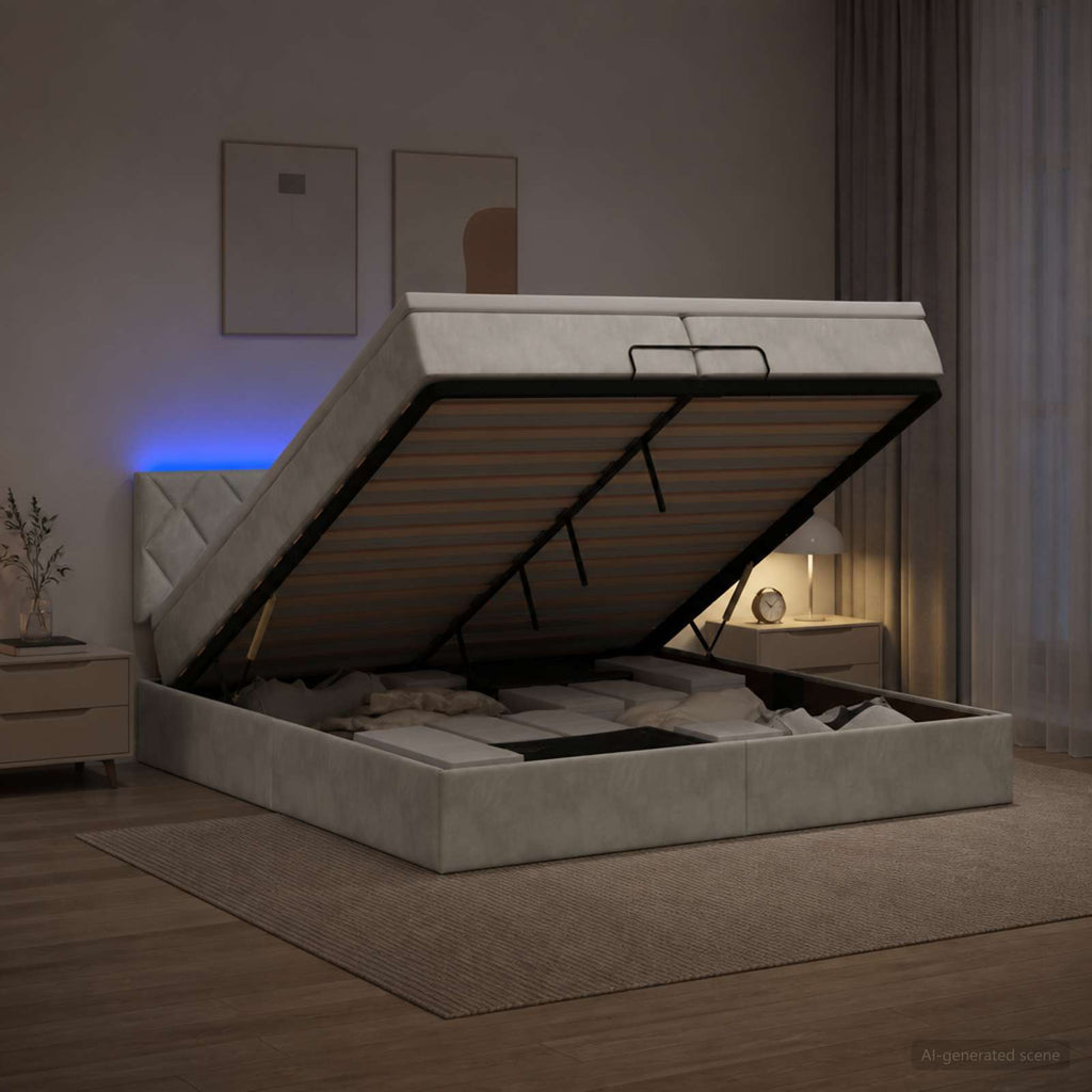 vidaXL Łóżko z pojemnikiem i materacem LED jasnoszary 200 x 200 cm