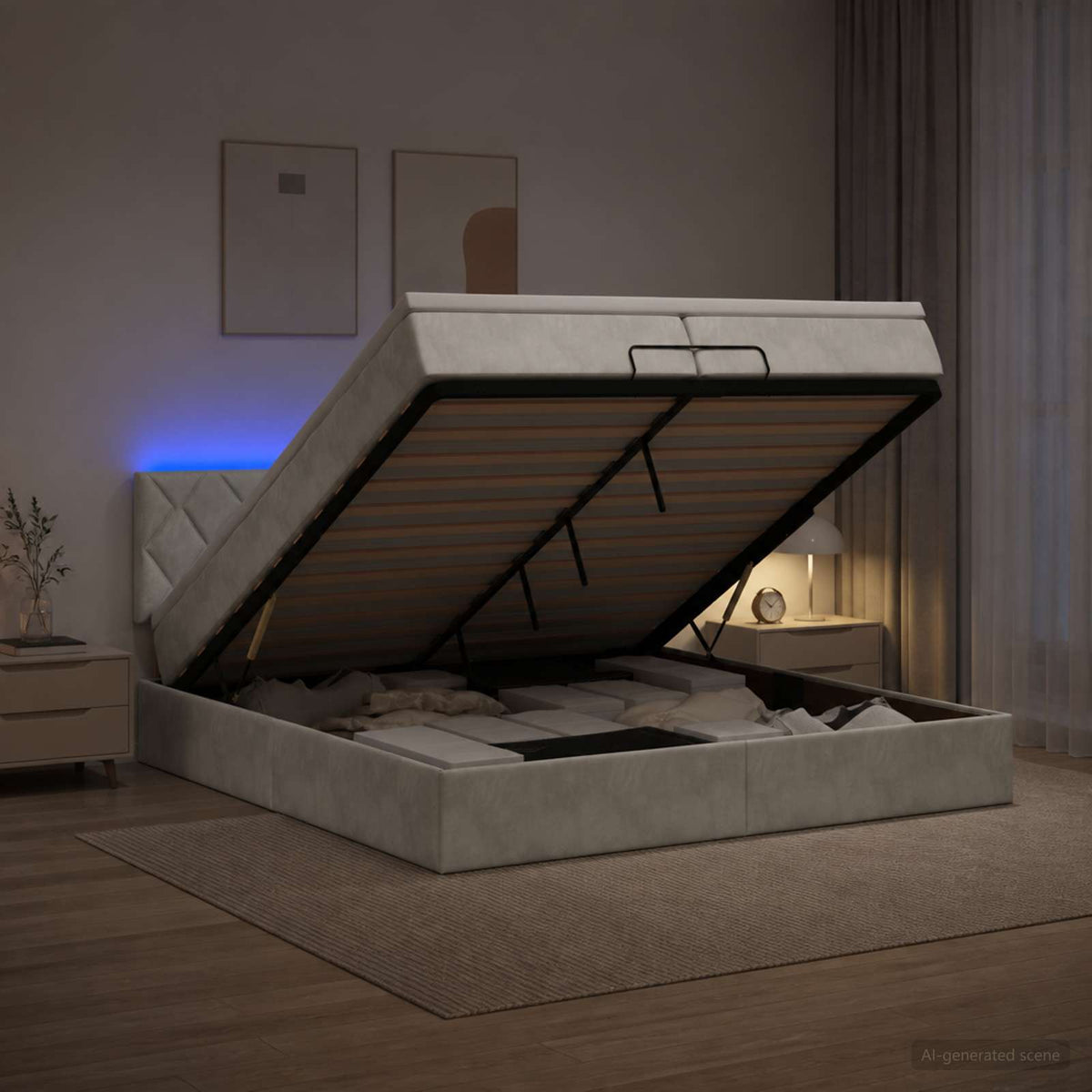 vidaXL Łóżko z pojemnikiem i materacem LED jasnoszary 200 x 200 cm