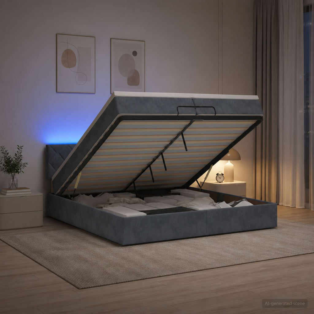vidaXL Łóżko z pojemnikiem i materacem LED ciemnoszary 200 x 200 cm