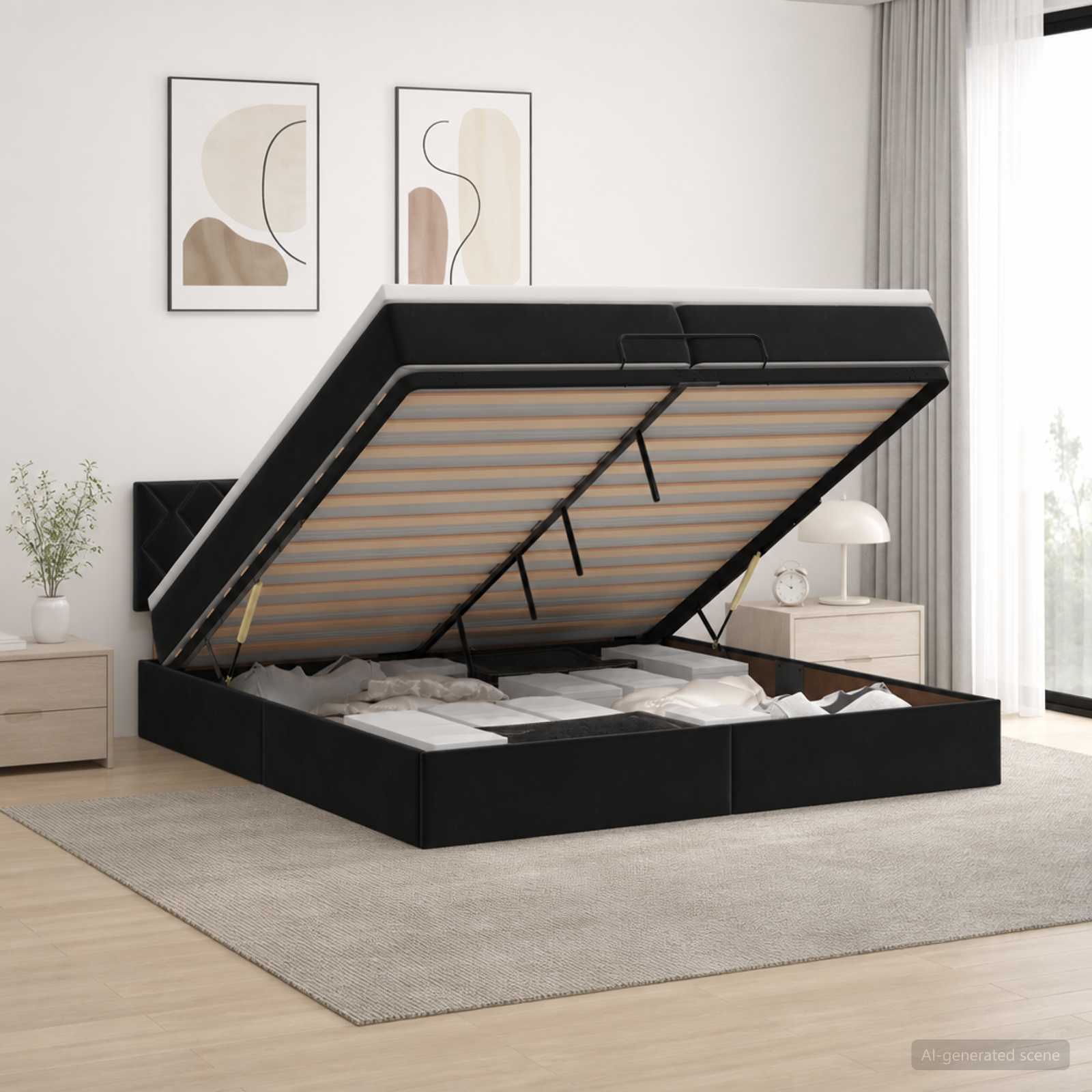 vidaXL Łóżko z pojemnikiem i materacem LED Czarny 200 x 200 cm Welur