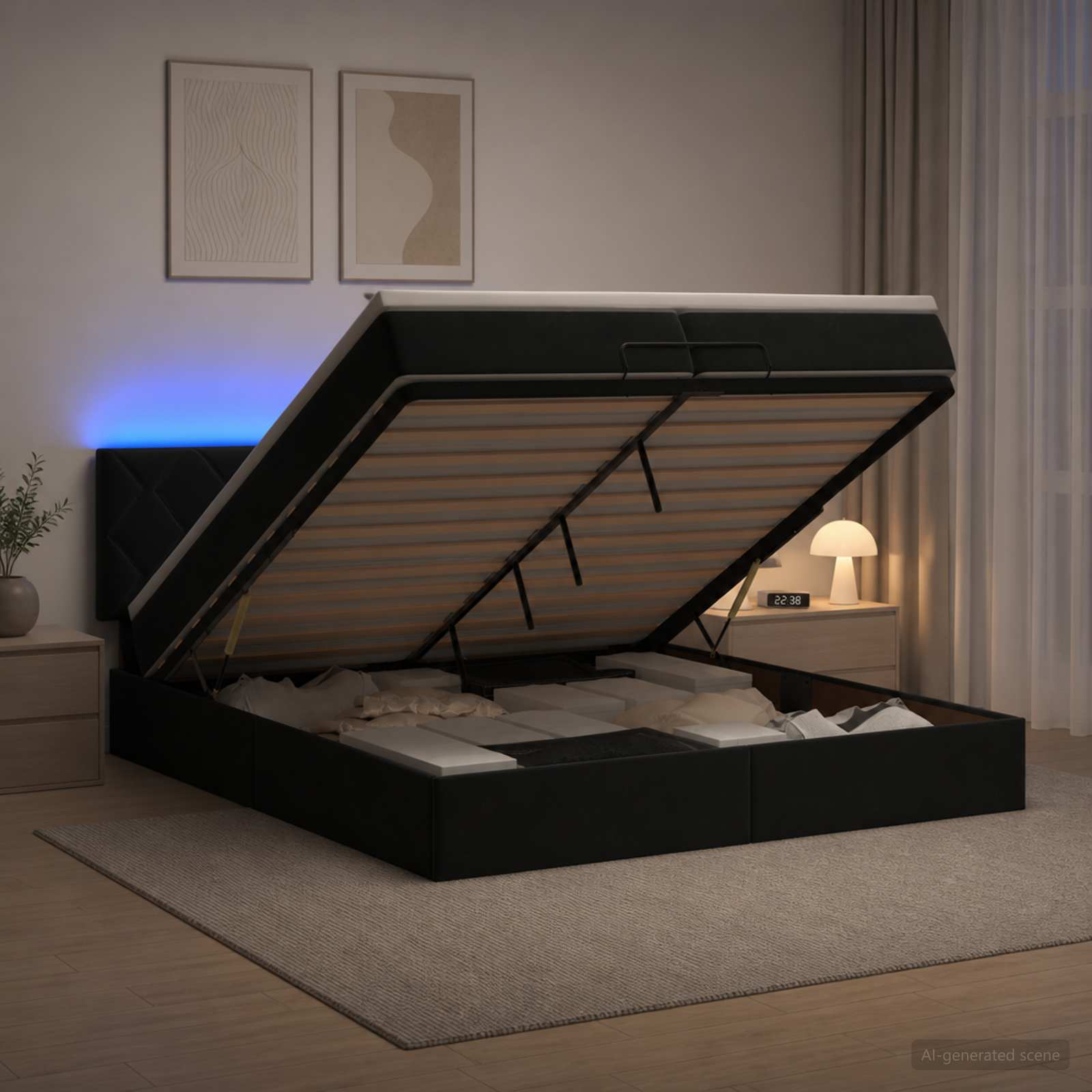 vidaXL Łóżko z pojemnikiem i materacem LED Czarny 200 x 200 cm Welur