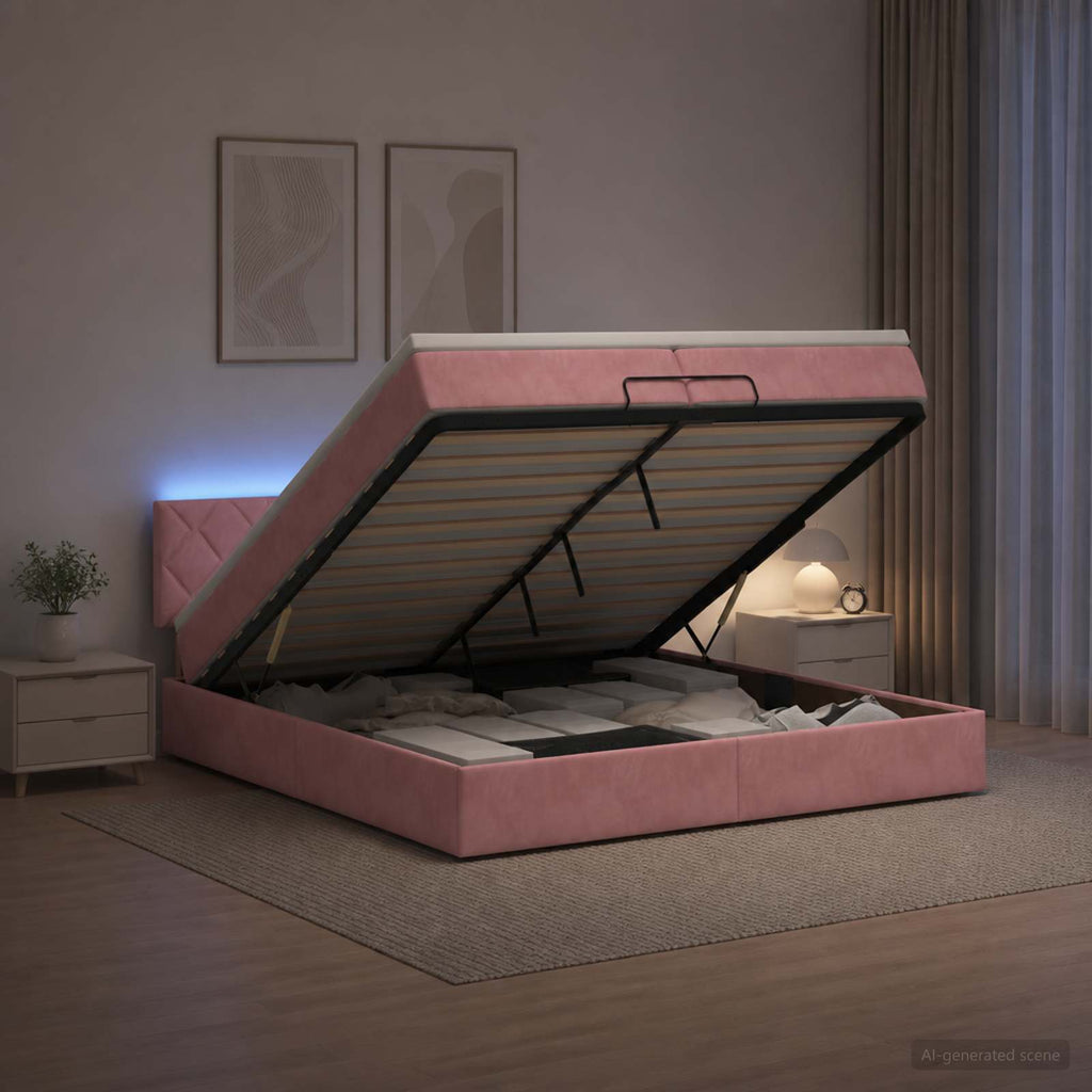 vidaXL Łóżko z pojemnikiem i materacem LED różowy 200 x 200 cm Welur