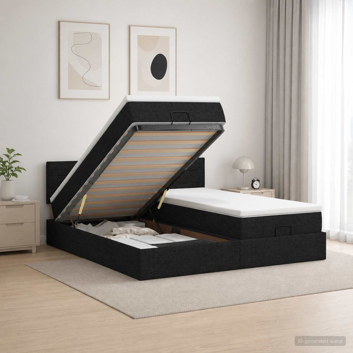 vidaXL Łóżko z pojemnikiem i materacem LED Czarny 200 x 200 cm tkanina