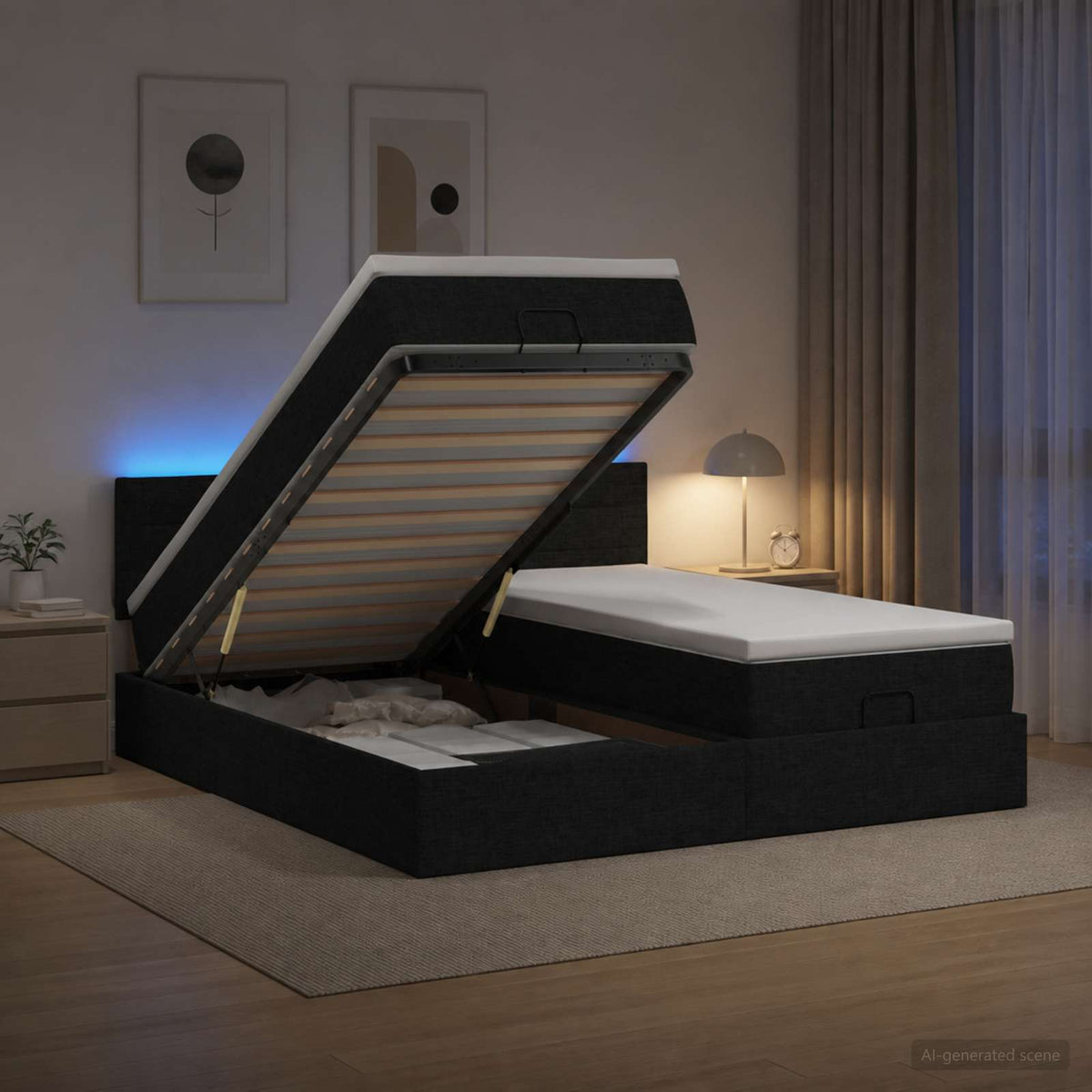 vidaXL Łóżko z pojemnikiem i materacem LED Czarny 200 x 200 cm tkanina