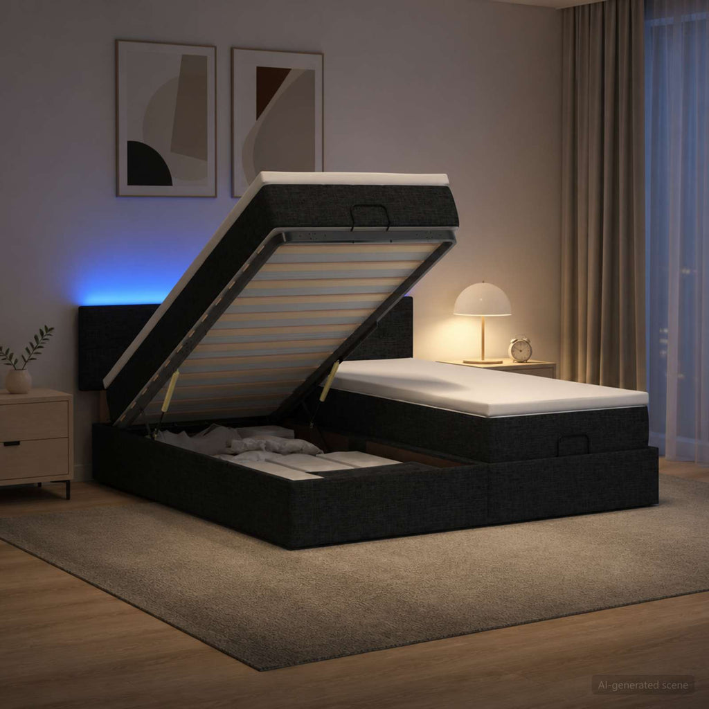 vidaXL Łóżko z pojemnikiem i materacem LED Czarny 200 x 200 cm tkanina