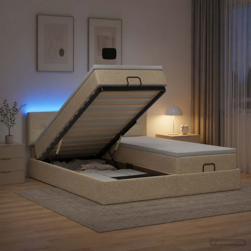 vidaXL Łóżko z pojemnikiem i materacem LED kremowy 200 x 200 cm