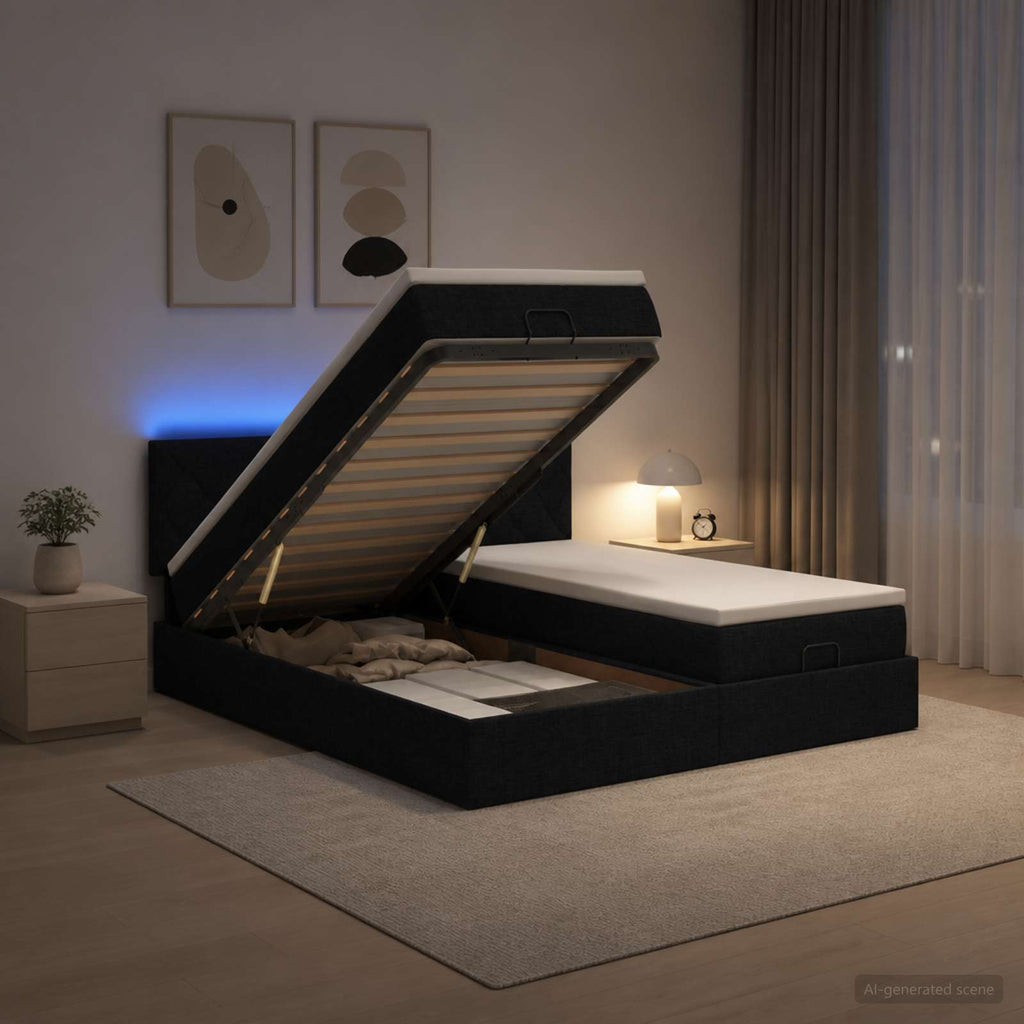 vidaXL Łóżko z pojemnikiem i materacem LED Czarny 160 x 200 cm tkanina