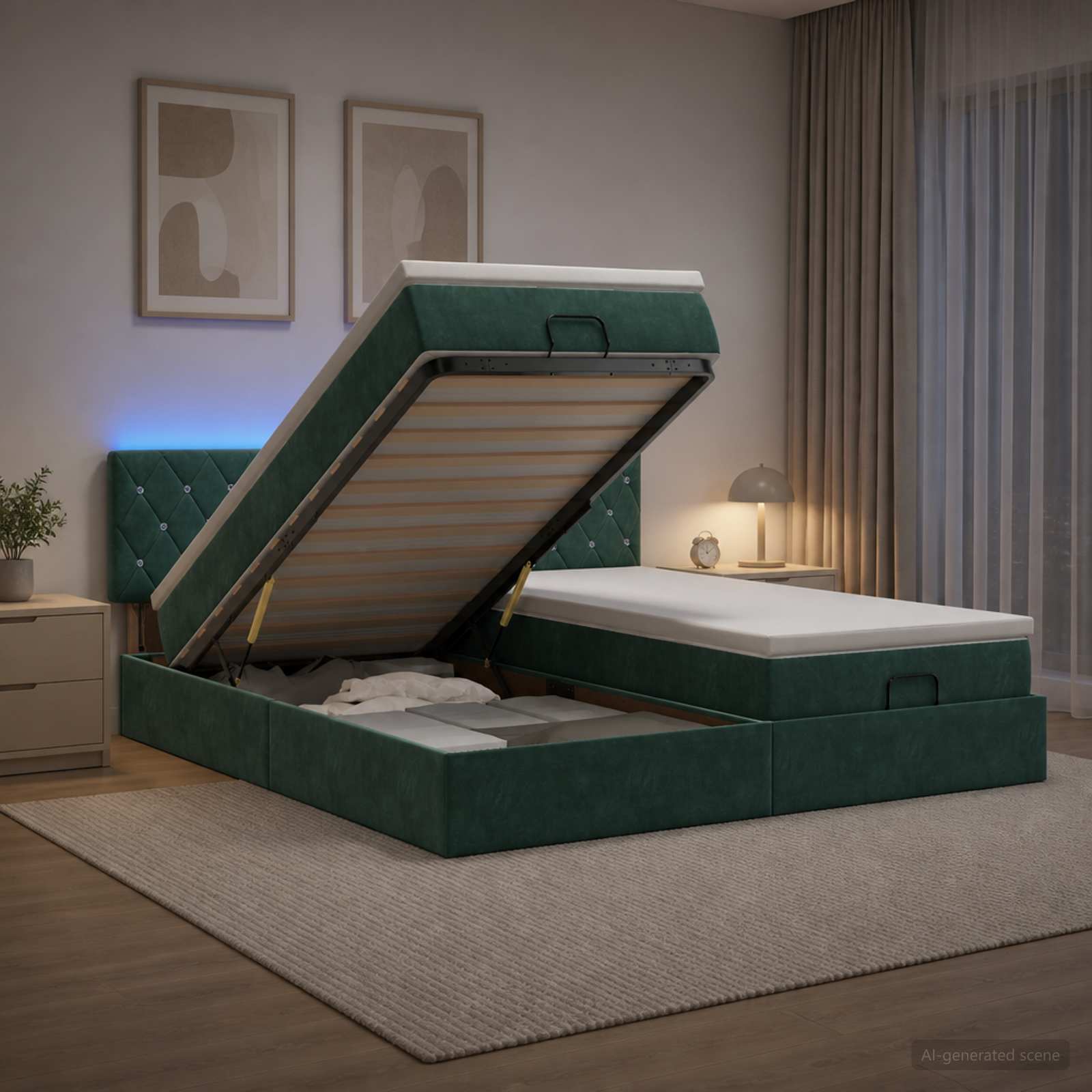 vidaXL Łóżko z pojemnikiem i materacem LED Ciemnozielony 180 x 200 cm