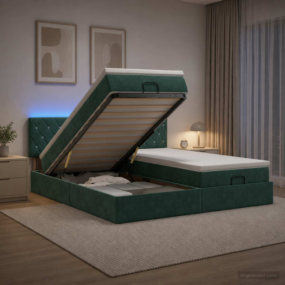 vidaXL Łóżko z pojemnikiem i materacem LED Ciemnozielony 160 x 200 cm