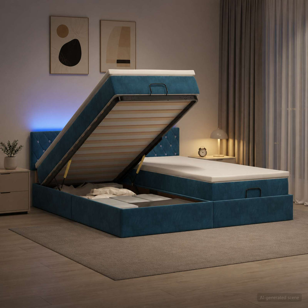 vidaXL Łóżko z pojemnikiem i materacem LED granatowy 200 x 200 cm