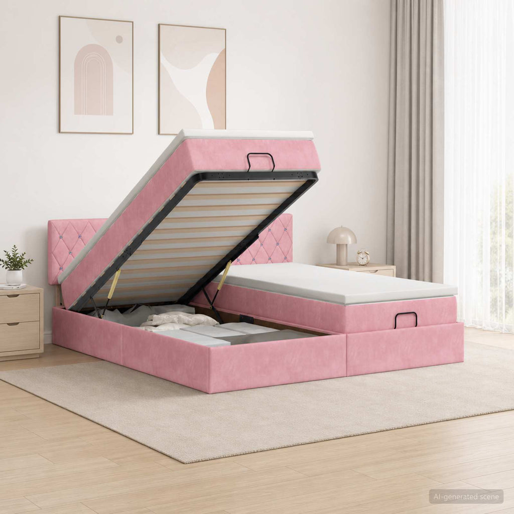 vidaXL Łóżko ottoman z materacem Z zagłówkiem 2 pcs różowy Welur