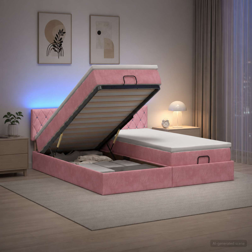 vidaXL Łóżko z pojemnikiem i materacem LED różowy 200 x 200 cm Welur