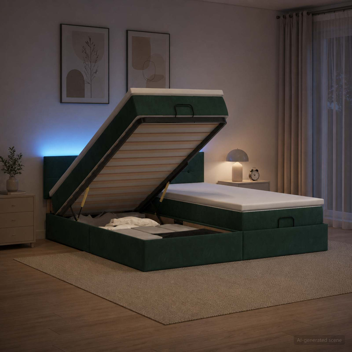 vidaXL Łóżko z pojemnikiem i materacem LED Ciemnozielony 160 x 200 cm