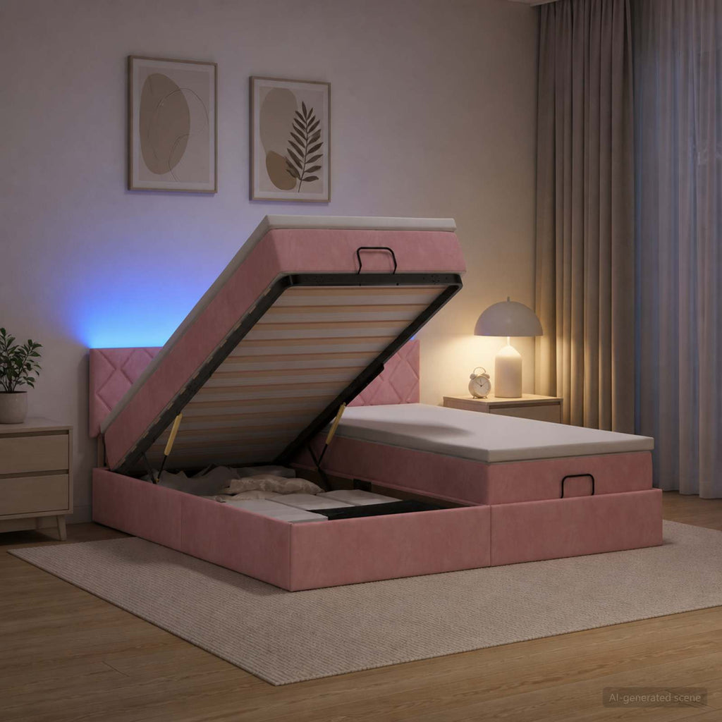 vidaXL Łóżko z pojemnikiem i materacem LED różowy 200 x 200 cm Welur