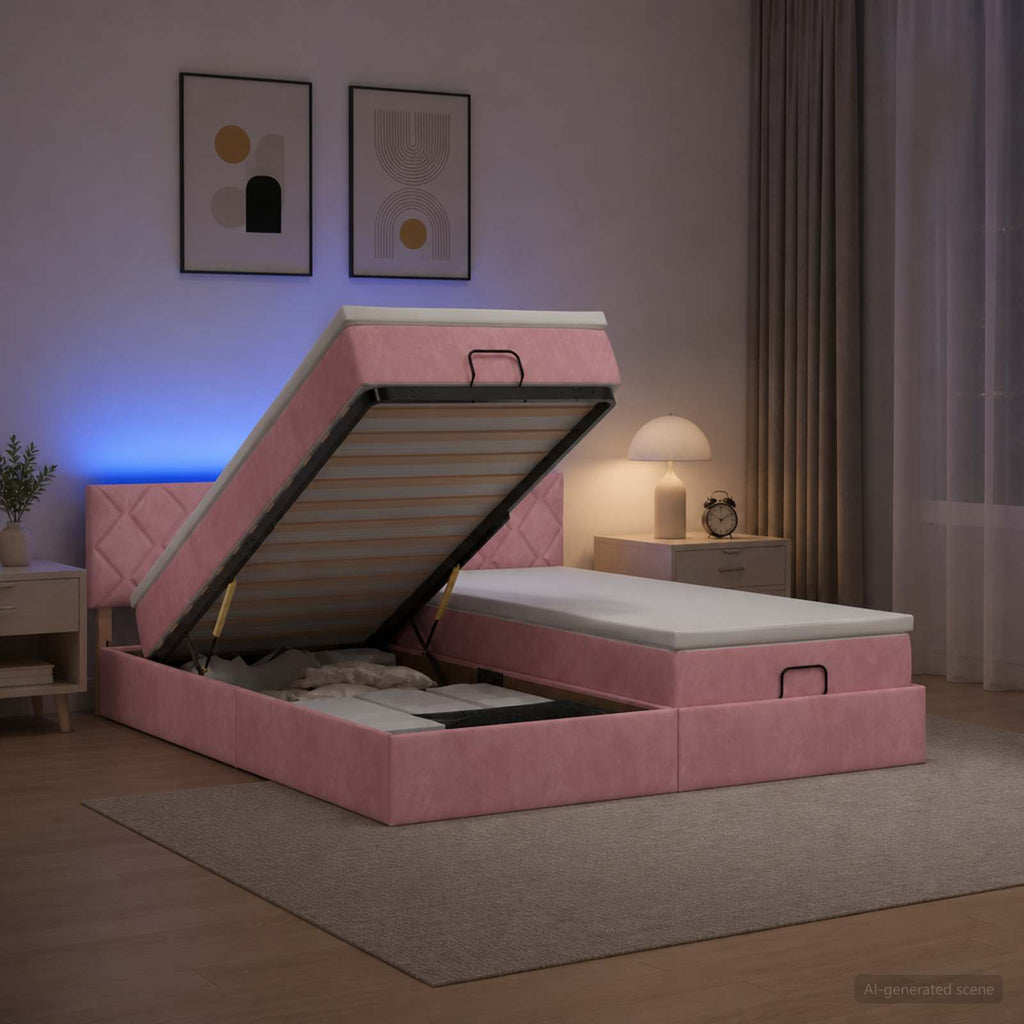 vidaXL Łóżko z pojemnikiem i materacem LED różowy 200 x 200 cm Welur