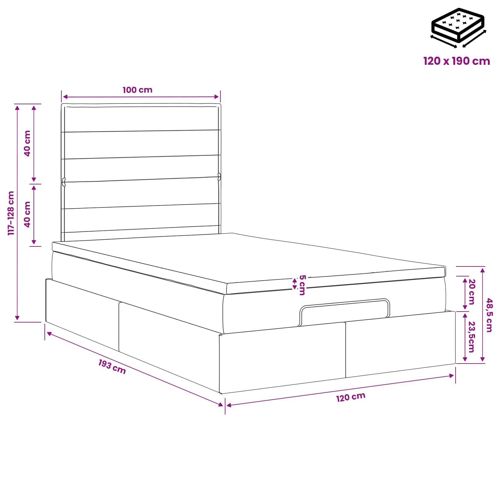 vidaXL Łóżko ottoman z materacem ciemnoszary 120 x 190 cm tkanina