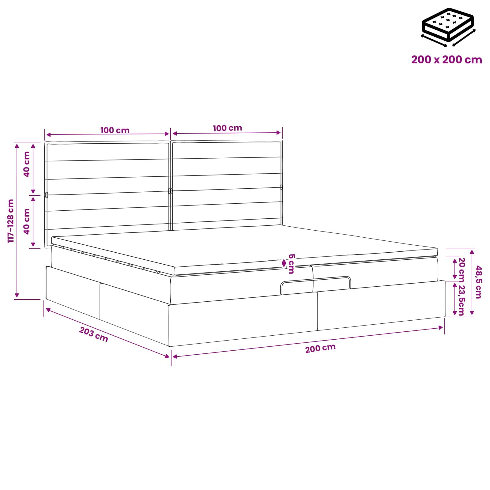 vidaXL Łóżko ottoman z materacem ciemnoszary 200 x 200 cm tkanina