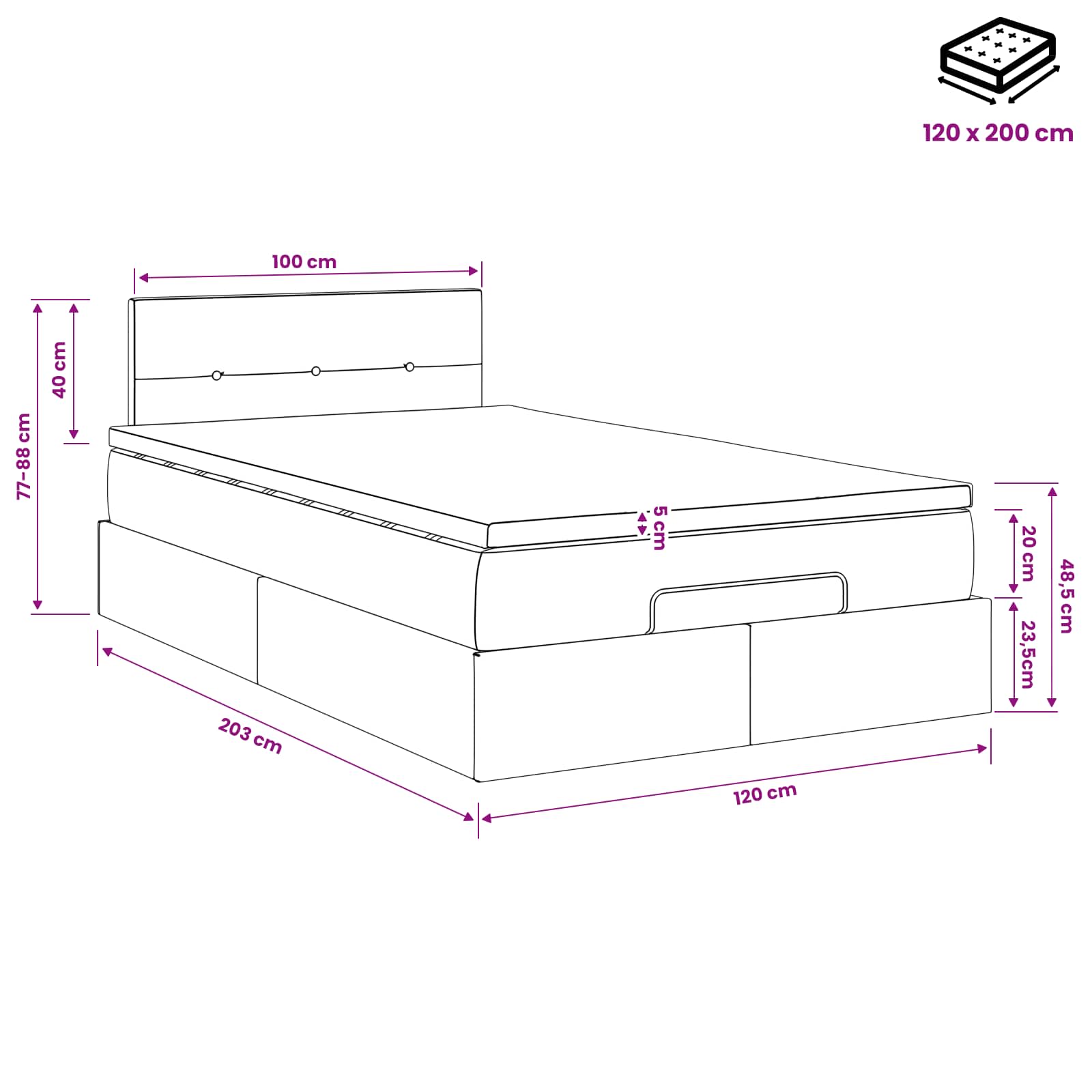 vidaXL Łóżko ottoman z materacem kremowy 120 x 200 cm tkanina