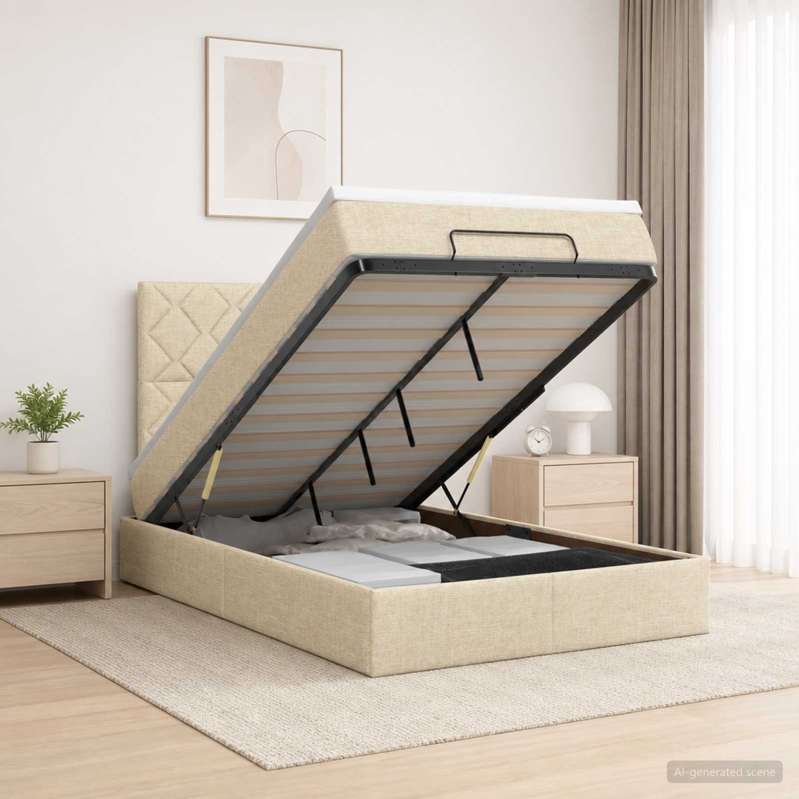 vidaXL Łóżko ottoman z materacem kremowy 120 x 190 cm tkanina