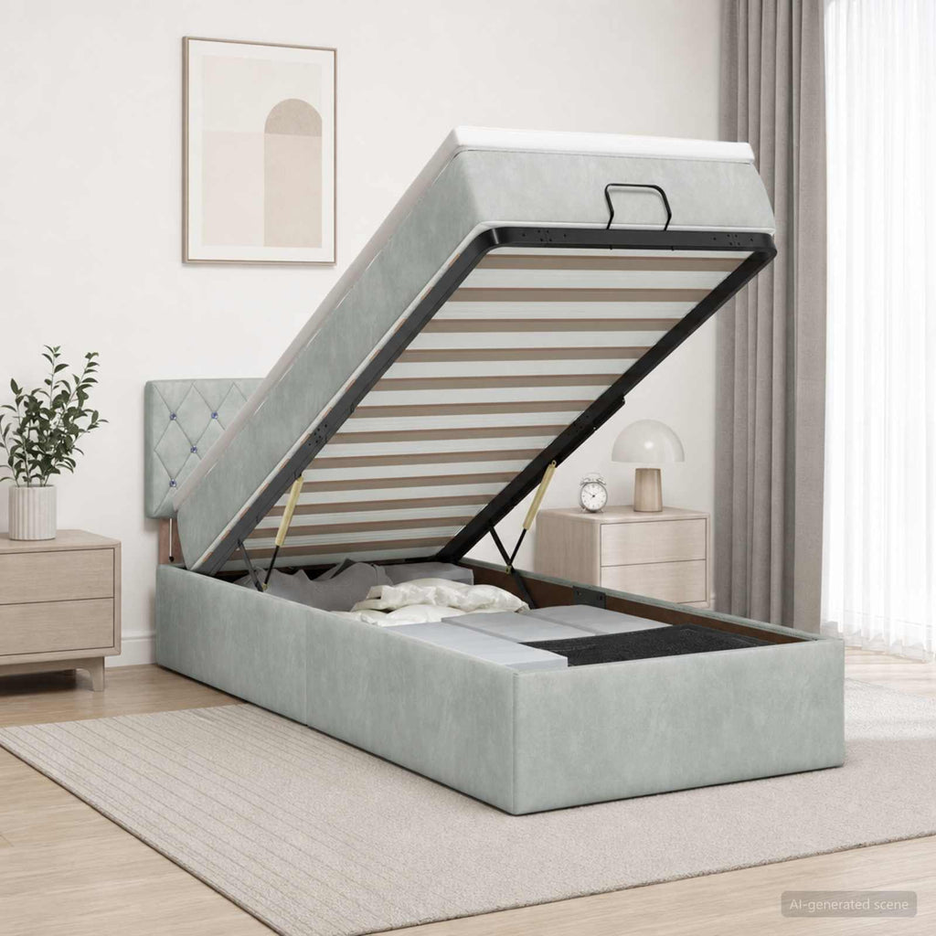 vidaXL Łóżko z pojemnikiem i materacem LED jasnoszary 90 x 200 cm