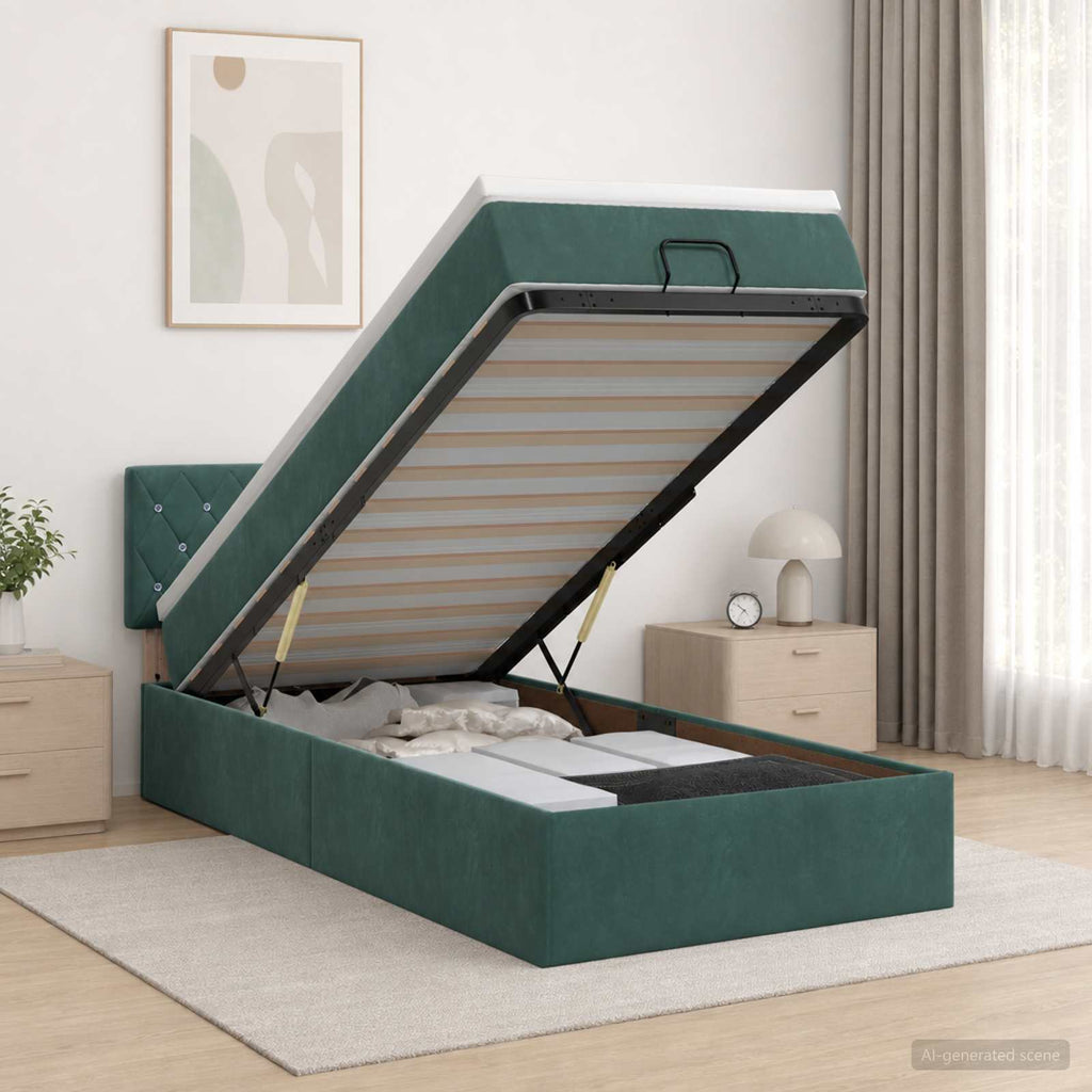 vidaXL Łóżko z pojemnikiem i materacem LED Ciemnozielony 90 x 200 cm