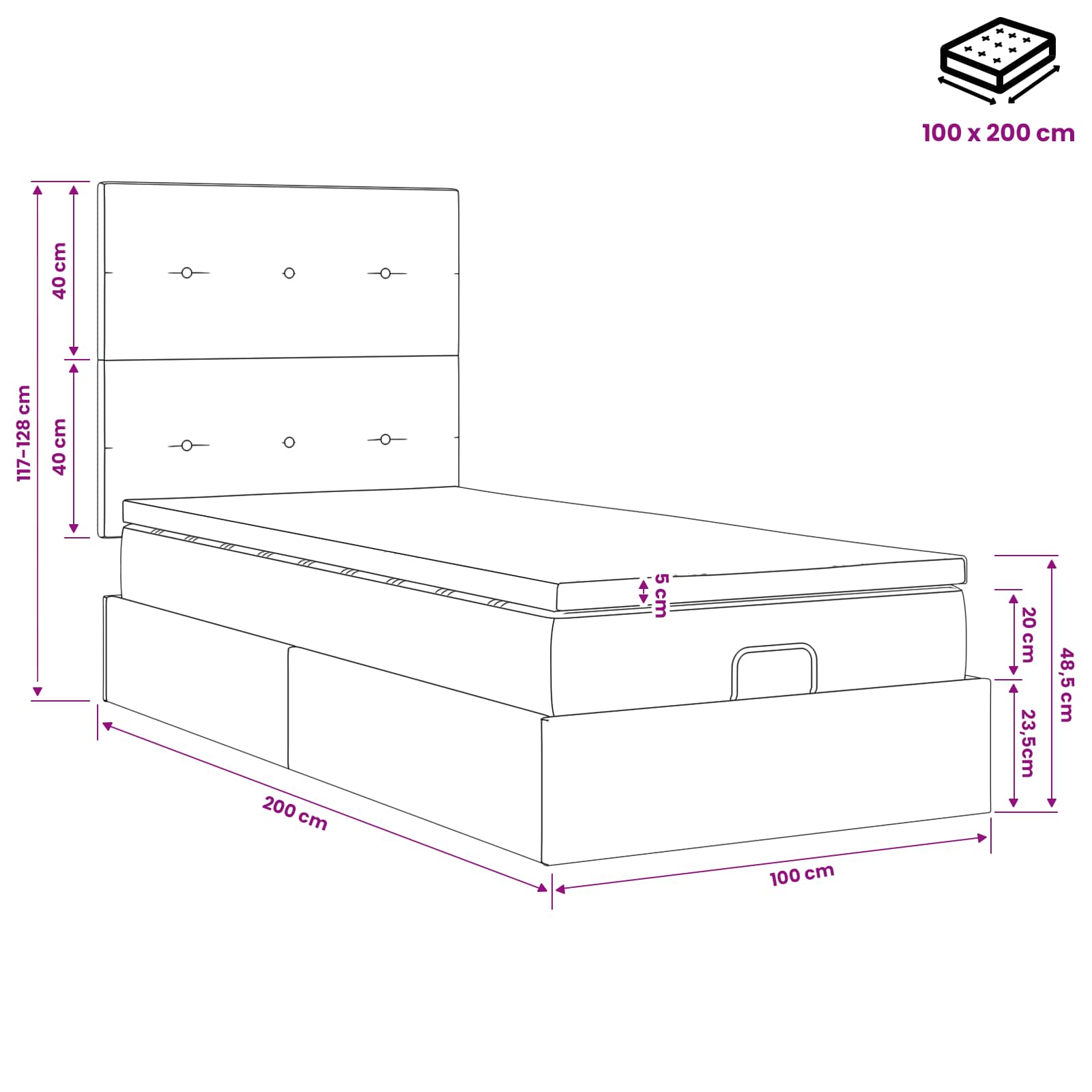 vidaXL Łóżko ottoman z materacem Czarny 100 x 200 cm Welur