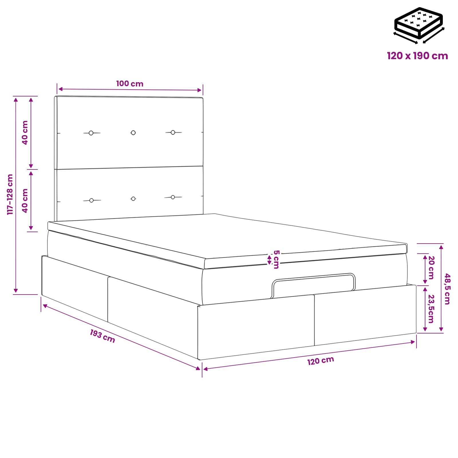 vidaXL Łóżko ottoman z materacem ciemnoszary 120 x 190 cm Welur