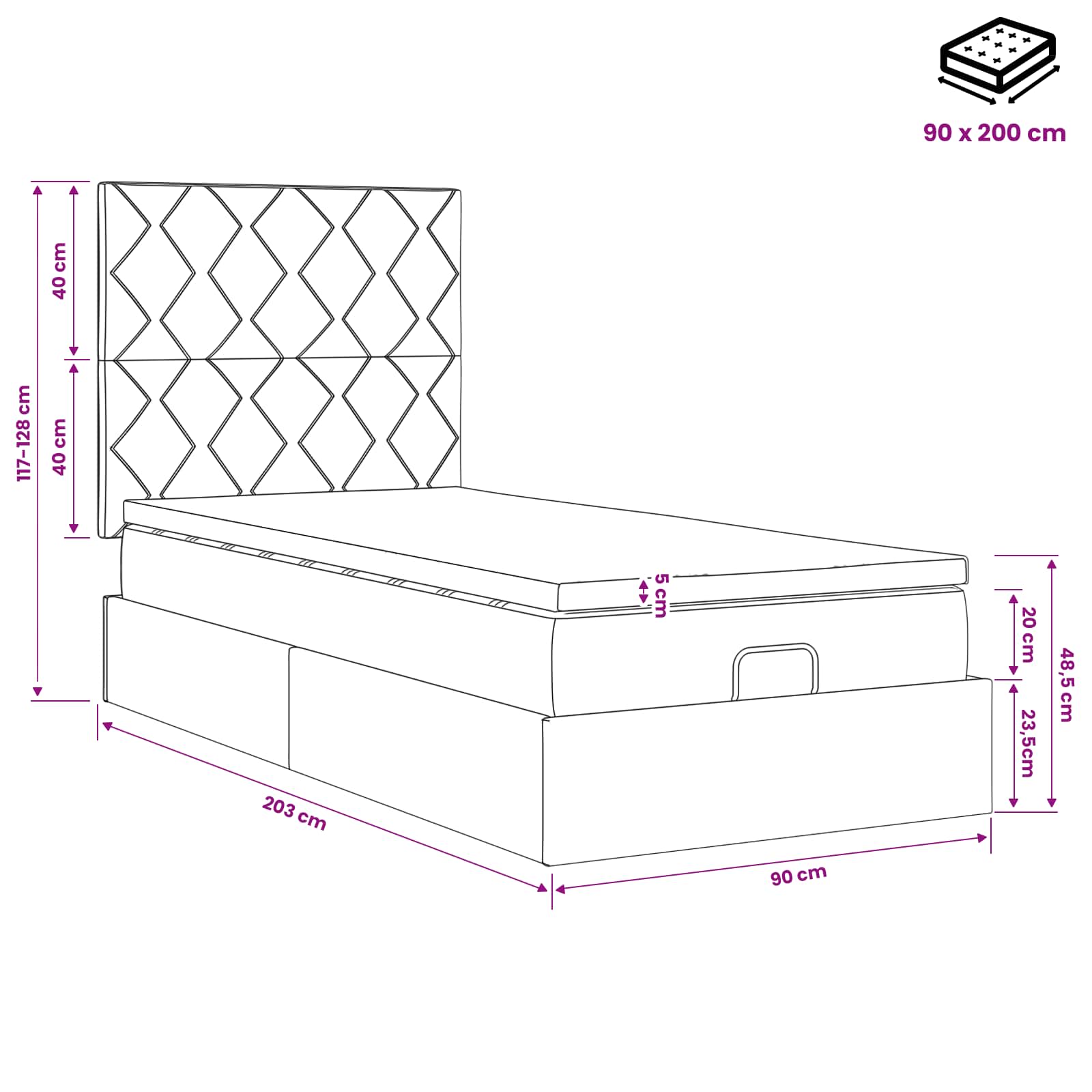 vidaXL Łóżko ottoman z materacem Z zagłówkiem różowy 90 x 200 cm Welur