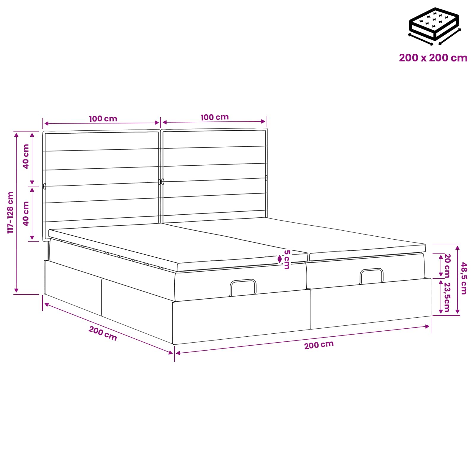 vidaXL Łóżko ottoman z materacem Z zagłówkiem 2 pcs jasnoszary tkanina