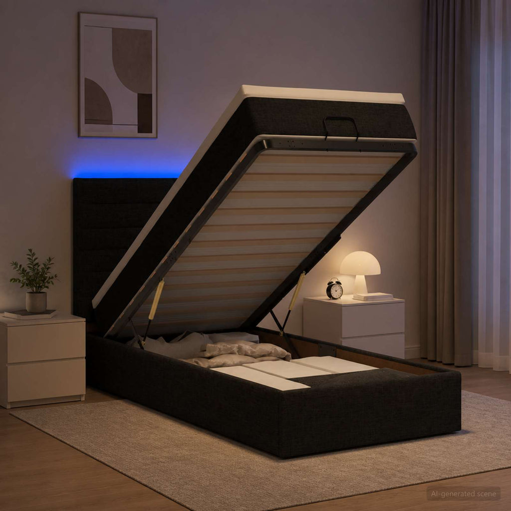 vidaXL Łóżko z pojemnikiem i materacem LED Czarny 100 x 200 cm tkanina