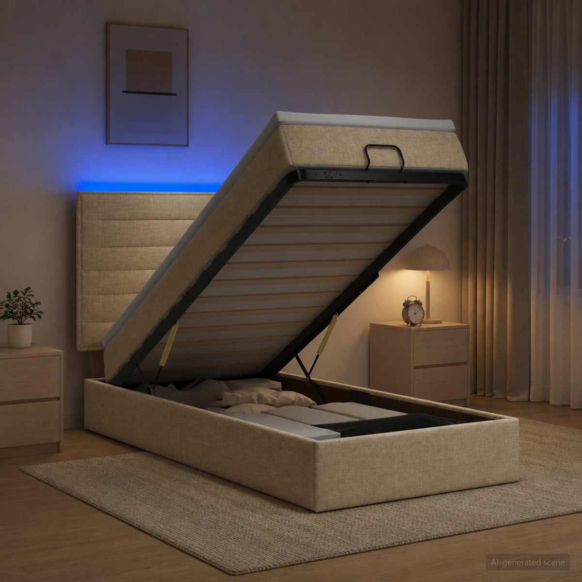 vidaXL Łóżko z pojemnikiem i materacem LED kremowy 90 x 200 cm tkanina