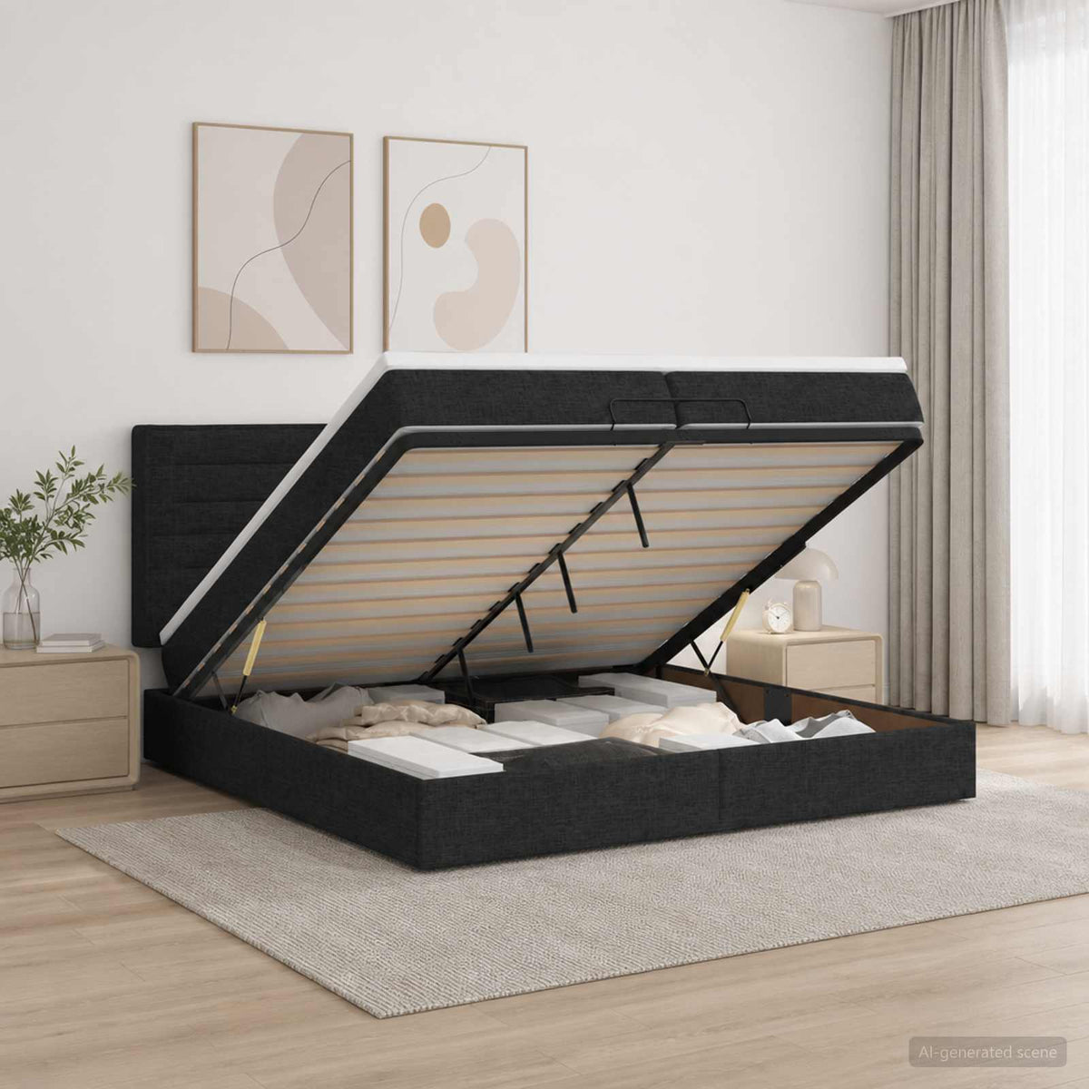 vidaXL Łóżko z pojemnikiem i materacem LED Czarny 200 x 200 cm tkanina