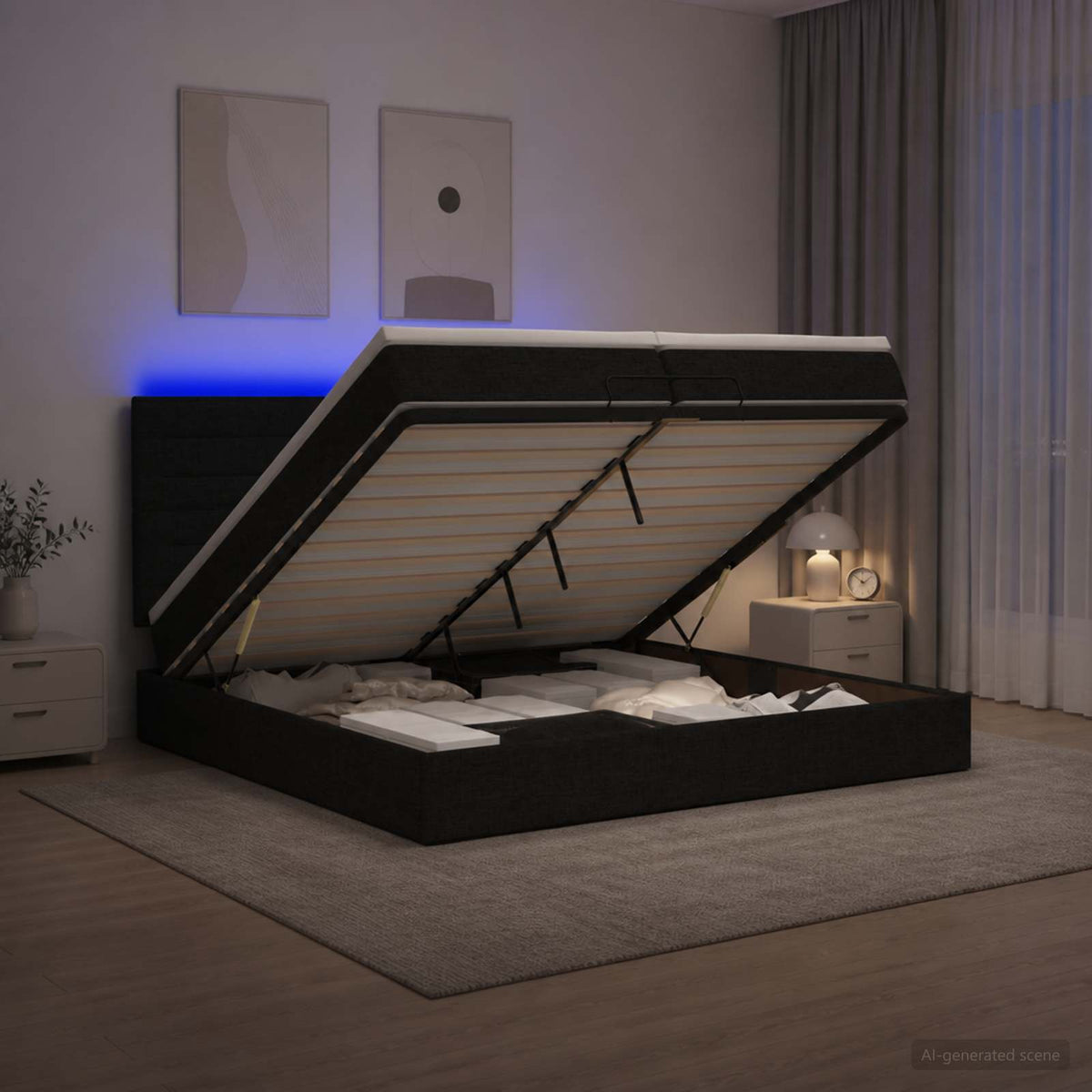 vidaXL Łóżko z pojemnikiem i materacem LED Czarny 200 x 200 cm tkanina
