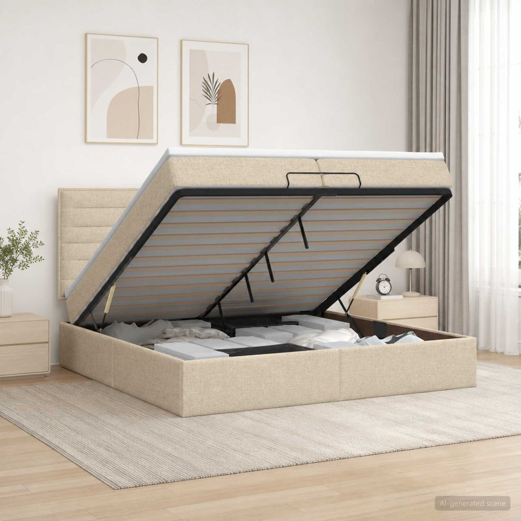 vidaXL Łóżko ottoman z materacem kremowy 200 x 200 cm tkanina