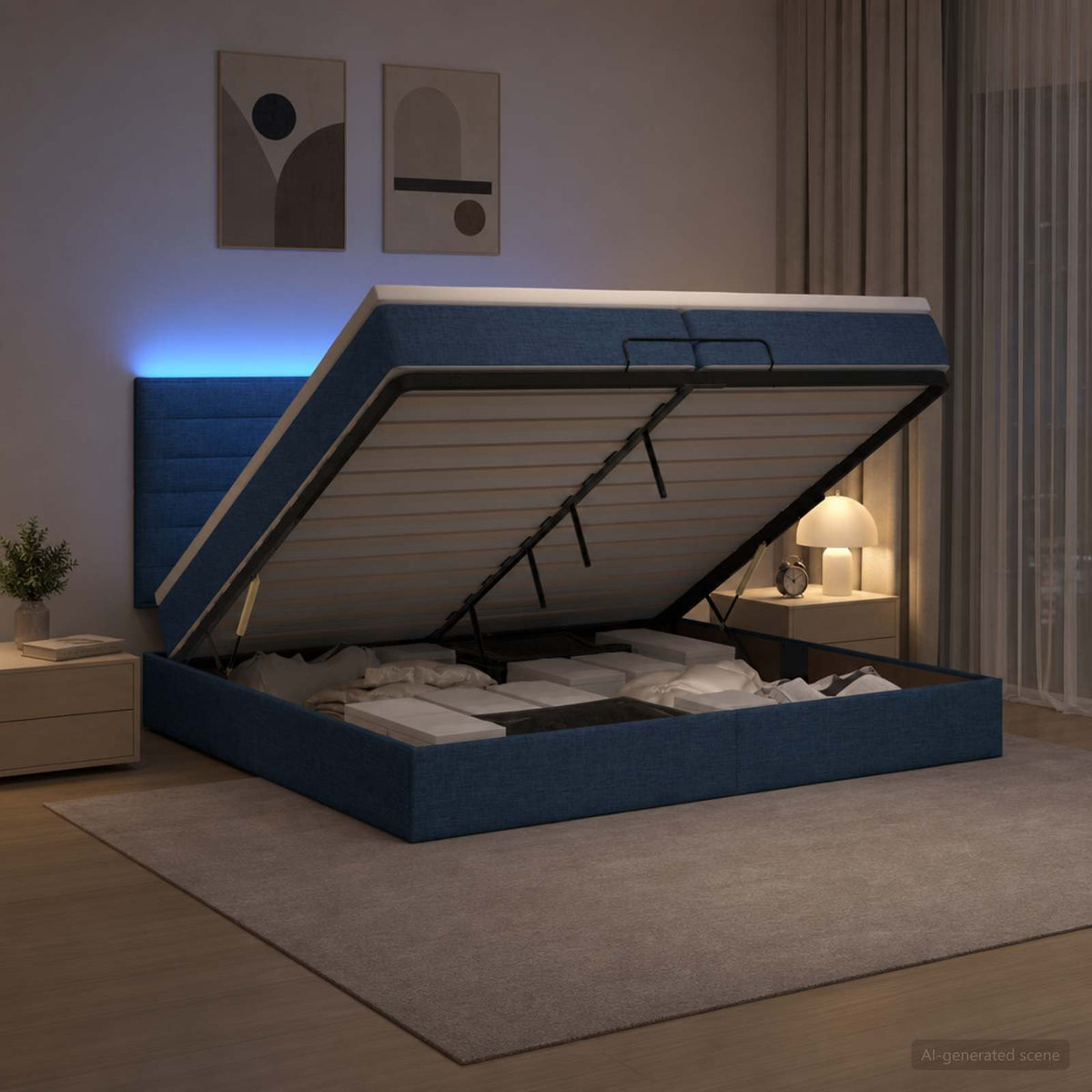 vidaXL Łóżko z pojemnikiem i materacem LED niebieski 200 x 200 cm
